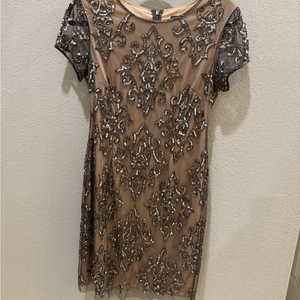 Adrianna Papell Tan and Gold Sequin Sheath Mini Dress